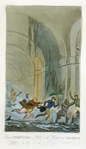 Thames Tunnel Construction Prints: Tom, Jerry and Logic having a narrow escape as water breaks through during a visit to the Thames Tunnel workings