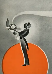 Prints of 3036039 Art Deco Maitre d Delivering Dinner Service to Guests, 1920 (screen print) by American School Embrace The Elegance: Art Deco Poster Art Collection: Art Deco Maitre d, 1920 Screen Print
