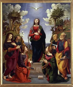 Cinquecento Period Paintings Prints: Immaculate conception surrounded by Saints, c. 1500-05 (tempera grassa on wood)