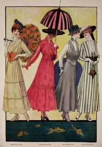 Vintage Women's Clothing Styles Prints: Fashion plates of woman wearing yellow flounced walking dress