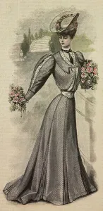 Vintage Women's Clothing Styles Prints: Woman wearing a woolen dress with pleated skirt and short bolero