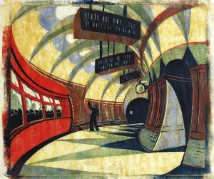 Prints of 659543 The Tube Station, c.1932 (linocut printed in colours on tissue Japan) by Power, Cyril Edward (1874-1951); 25.5x29 cm; Private Collection; (add.info.: The Tube Station) Related Prints: Linocut Print of The Tube Station, 1932