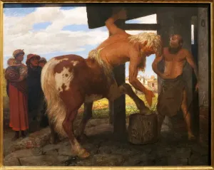 Prints of LSE4315221 Centaur at the village blacksmith. Painting by Arnold Bocklin (1829-1901), Oil On Canvas, 1888. Swiss art, 19th century, symbolism. Museum of Fine Arts Budapest (Hungary) B Prints: Arnold Bocklin's Centaur at the Village Blacksmith Print