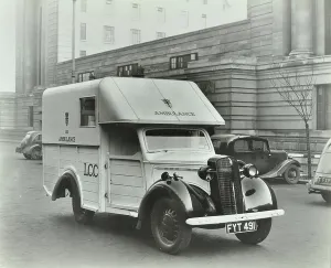 Prints of GHL1787431 Exterior of an L.C.C Ambulance Prints: Black and white photograph print of a London County Council ambulance