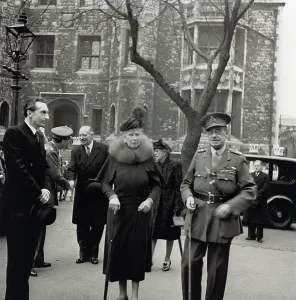 Prints of HRP2624353 Queen Mary visits the Tower (b/w photo) by Unknown photographer, (20th century); Tower of London, London Royalty Prints: Black and white photograph print of Queen Mary