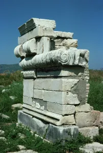 Ancient Greece Landmarks Prints: Ionic scrolls on a wall from the temple of Hera, islandof Samos, Greece