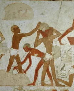 Ancient Egyptian Fresco Prints: Workmen loading and carrying materials