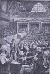 Prints of 3551996 Edmund Burke in a Westminster hall, illustration from My Magazine (Arthur Mee), c.1920-30 (litho); Private Collection; (add.info.: My Magazine (Arthur Mee) circa (1920-1930)) Westminster Prints: Edmund Burke in Westminster Hall Print