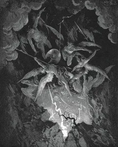 Prints of 541598 Gustave Dore illustration for John Milton's epic poem dramatising the fall of Man, Paradise Lost (1667). Book VI D Prints: Gustave Dore Print: Rebel Angels Plunge into Hell