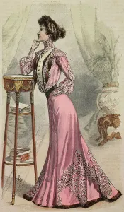 Vintage Women's Clothing Styles Prints: Woman wearing a meeting dress in pink Drap with lace inserts