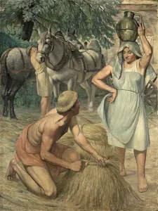 Framed Print : Print of a woman walking in a field with two children