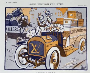 Prints of LSE4091061 Advertising for Louis Vuitton by Mich (Michel Liebeaux, 1881-1923): la voiture Vuitton force le passage aux trunks x - in La Vie Parisienne of 15/12/1906 France Prints: Early 20th Century Louis Vuitton Print Advertisement