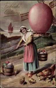 Happy Easter Greeting Card Prints: Congratulations Easter, Easter egg mill, farmer, chick