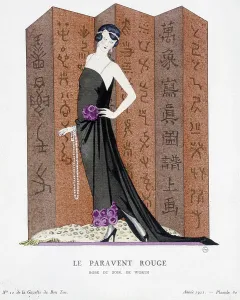 Chinoiserie Prints: Le Paravent Rouge: Worth evening dress print, 1921