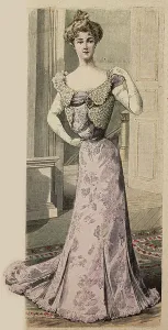 Vintage Women's Clothing Styles Prints: Woman wearing ball gown and bolero in Guipure lace
