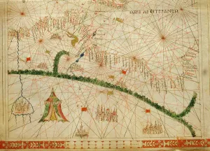 Prints of XOT330918 North Africa, from a nautical atlas, 1520 (ink on vellum) (detail from 330916) by Giovanni Xenodocus da Corfu (fl. 16th Century); Museo Correr, Venice, Italy; Greek, out of copyright Map Prints: North Africa Print, 1520 ink on vellum