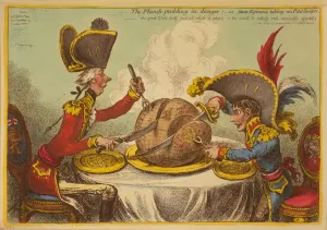 Prints of 7088732 The Plum Pudding in Danger or State Epicures taking un Petit Souper, 1805 (engraving) by Gillray Politic Prints: James Gillray's 1805 Print: The Plum Pudding in Danger