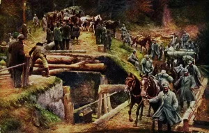 Prints of GBW699260 Austrian soldiers busy with construction of shelters and trails after the invasion by Austria-Hungarian troops, Serbia, 1915 (colour litho) by Austrian School Serbia Prints: Austrian soldiers construct shelters and trails in Serbia, 1915 Print