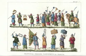 Giulio Ferrario Costume Book Prints: Principle members of a Chinese imperial procession including flag bearers