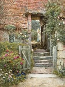 Prints of 1766706 Under the Old Malthouse, Hambledon, Surrey (watercolour with scratching out) by Allingham, Helen (1848-1926); 33x24.7 cm; Private Collection; (add.info.: Under the Old Malthouse, Hambledon) Painting Prints: Helen Allingham's Under the Old Malthouse Print