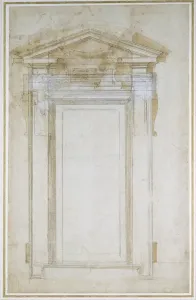 Renaissance Architecture Drawing Prints: Study of a window with triangular gable, c. 1546 (black chalk, wash, pen & ink on paper)