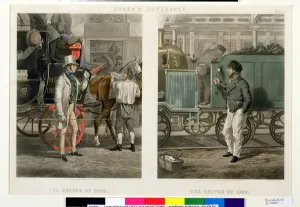 Victorian Era Transportation Prints: Fores Contrasts: The Driver of 1832, The Driver of 1852, engraved by John Harris