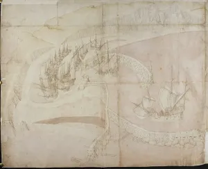 English Coastal Scene Prints: Plan of the harbour, town and castle of Dover, perhaps drawn by Sir Richard Lee (d. 1575)