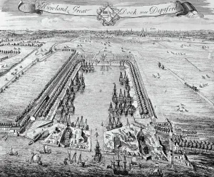 Dock Prints: Print of Howland Great Dock, a birds-eye view