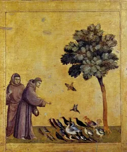 Prints of JLJ4668628 Saint Francois of Assisi preaching birds. Detail of the predelle of St Francis of Assisi receiving the stigmas. Painting by Giotto Di Bondone (1276-1337). Tempera on wood Paris Prints: Giotto Di Bondone - Saint Francois Preaching Birds Print