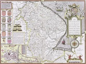 Prints of XCF113458 The Countie and Citie of Lyncolne, engraved by Jodocus Hondius (1563-1612) from John Speeds Theatre of the Empire of Great Britain, pub Lincolnshire Prints: Hand-coloured copper engraving of Lincolnshire
