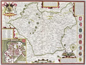 Prints of XJF113467 Leicester, engraved by Jodocus Hondius (1563-1612) from John Speeds Theatre of the Empire of Great Britain, pub Leicestershire Prints: Leicester Print, a hand-coloured copper engraving