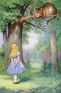 Prints of XCF264483 Alice and the Cheshire Cat, illustration from Alice in Wonderland by Lewis Carroll (1832-98) (colour litho) by Tenniel Cheshire Prints: Alice and the Cheshire Cat Print