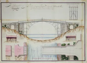 Prints of CHT289161 Drawings and Cross section of the Iron Bridge constructed in 1779 at Coalbrookdale, Shropshire, England, 1784 (pen, ink and w/c on paper) by French School Shropshire Prints: Fine Art Finder Print: Iron Bridge Cross Section, 1784