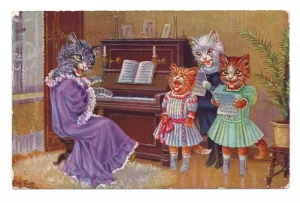 Louis Wain Art Prints: Edwardian postcard of four cats wearing human clothes around a piano having a sing-song