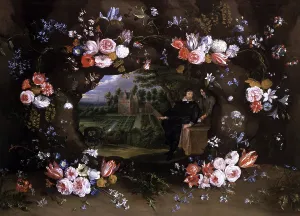 Breugel Prints: Print of a Garland of Flowers Encircling Nicolas De Man