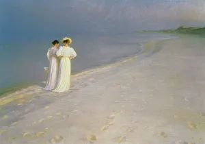 Prints of BAL23422 Summer Evening on the Skagen Southern Beach with Anna Ancher and Marie Kroyer, 1893 (oil on canvas) by Kroyer, Peder Severin (1851-1909); 100x150 cm; Skagens Museum, Denmark; Danish Denmark Prints: Print of Summer Evening on the Skagen Southern Beach