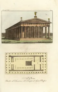 Giulio Ferrario Costume Book Prints: Elevation and plan of the Temple of Zeus or Jupiter at Mount Olympus