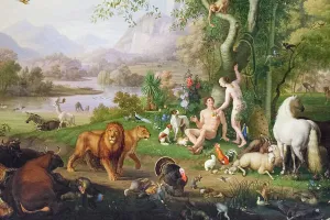 Prints of 3362284 Adam and Eve in the Garden of Eden (oil on canvas) by Peter, Johan Wenzel (1745-1829); 336x247 cm; Vatican Museums and Galleries Vatican City Prints: Adam and Eve in the Garden of Eden Oil Print 3362284