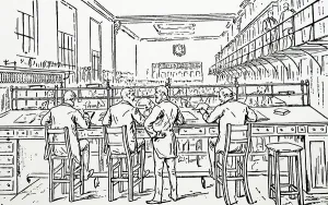 Victorian Era Train Station Prints: The Long Office at the Railway Clearing House, 1896