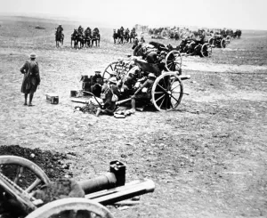 Prints of 700999 British 18-pounder field guns in action on the Western Front, 1914-18 (b/w photo) by English Photographer, (20th century); Private Collection; Peter Newark Pictures; English, out of copyright World War I And II Prints: British 18-pounder Field Guns in Action Print (WWI)