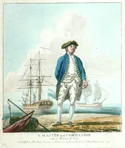 Royal Navy Uniform Prints: A master and commander with a sloop of war, 1777 (coloured etching)