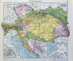 Prints of CHT220347 Map of the Austro-Hungarian empire, illustration from a French geography school textbook, 1905 (colour litho) by French School Map Prints: Austro-Hungarian Empire Map Print, 1905
