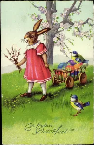 Easter Sunday Motifs Prints: Happy Easter, Easter Bunny pulls wagons, Easter eggs, sparrows