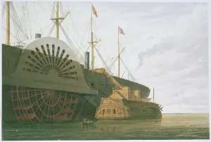 Steam Ship History Prints: The Old Frigate HMS Agamemnon with her weight of cable alongside the SS Great Eastern