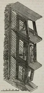 London Underground History Prints: Scaffolding for tunnel drilling under Thames bed from Rotherhite to Wapping