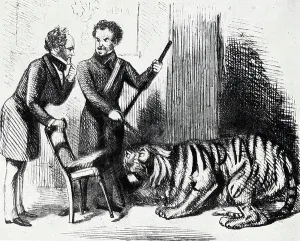 Prints of UIG1576136 Cartoon, 1858; (add.info.: Cartoon in 1858 represents India (a tamed tiger) being presented to lord Palmerston by Sir Colin Campbell.); Universal History Archive/UIG Related Prints: Cartoon Print of India Presented to Lord Palmerston, 1858