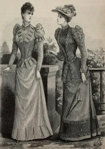 Vintage Women's Clothing Styles Prints: Women wearing wool (cote de cheval) dress and bengaline dress