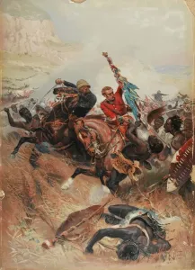 Prints of 2975402 Lieutenants Melville and Coghill Saving the Colours, Zulu War of 1879, 1881 (chromolitho) by Neuville, Alphonse Marie de (1835-85) (after); National Army Museum Museum Prints: Lieutenants Melville and Coghill Saving the Colours Print