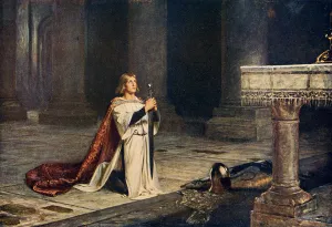 Aspirant knight keeping vigil of arms for entry into knighthood, illustration from Romance