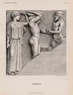 Atlas bringing Heracles the Apples of the Hesperides in the presence of Athena, metope from the Temple of Zeus, Olympia Atlas bringing Heracles the Apples of the Hesperides in the presence of Athena, metope from the Temple of Zeus, Olympia